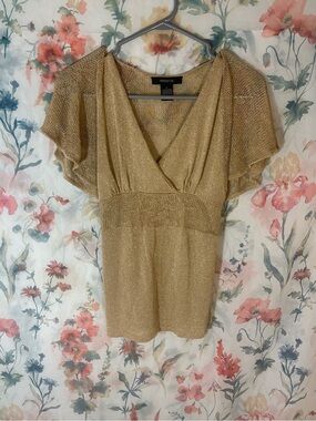 Vintage Arden B Gold Metallic V-Neck Flutter Sleeve Top